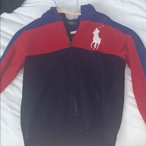 red and blue polo sweater